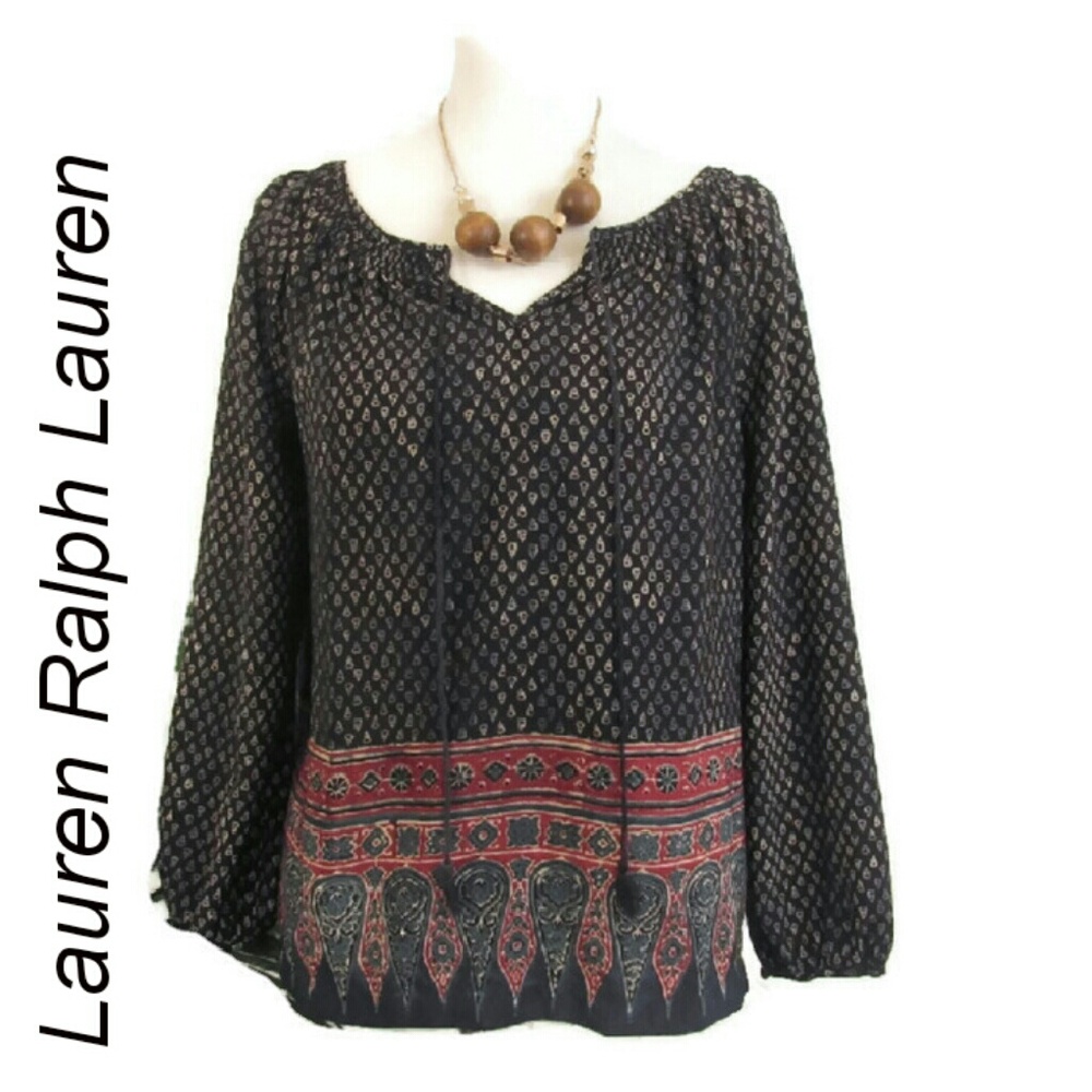 Lauren Ralph Lauren Blue Peasant Boho Blouse Sz XS